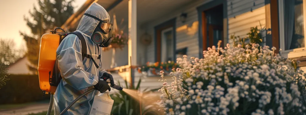 an exterminator wearing a protective suit and mask sprays an eco-friendly solution around a family home, ensuring safety for both residents and pets.